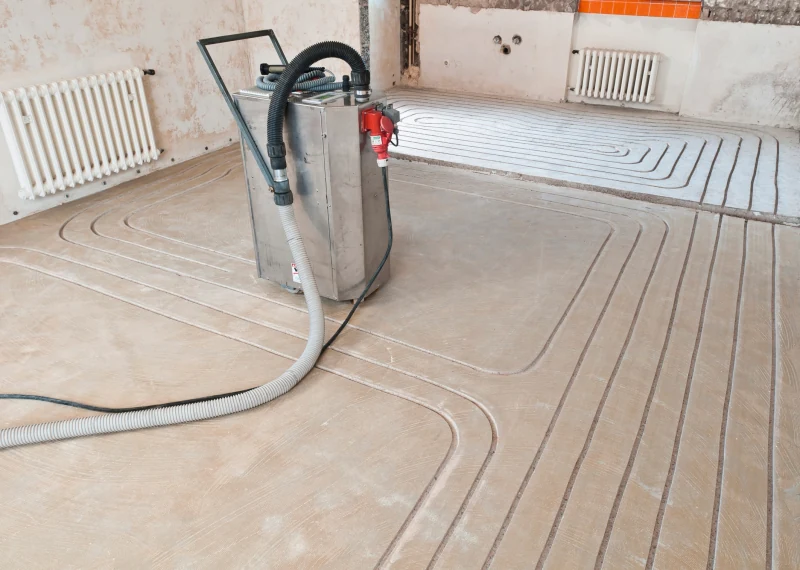 Existing screed floor with channels milled ready for underfloor heating pipework