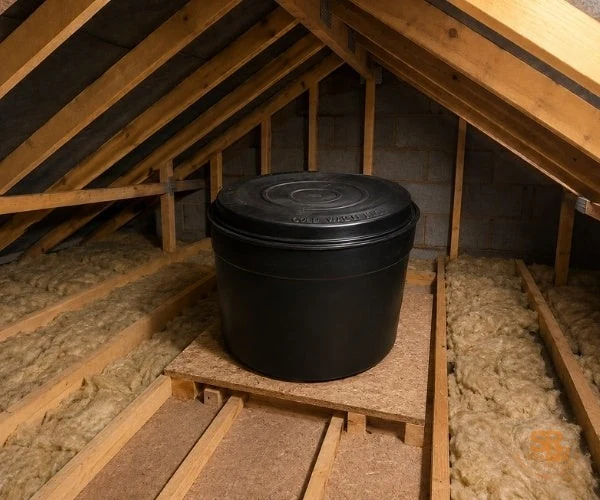 Round cold water storage tank in a loft